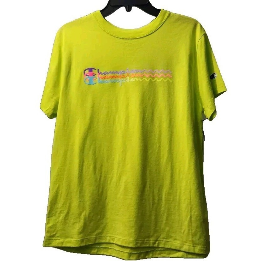 Champion Graphic T-Shirt Colorful Logo Short Sleeve Tee Top Neon Green Medium